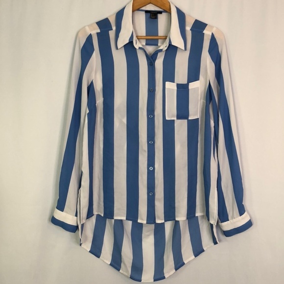 Forever 21 Tops Blue White Striped Open Back Blouse Oversized Size Large - Picture 1 of 11